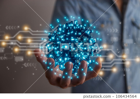 Man Hold Blue Sci-Fi Earth Globe or Orb AI Brain and Circuit Line 106434564