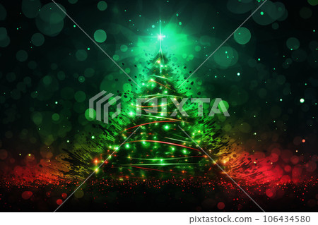 Abstract Christmas tree with neon red and green lighting. Futuristic abstract background. Holiday digital illustration for design card, poster or banner in Christmas festival. Generative AI. 106434580