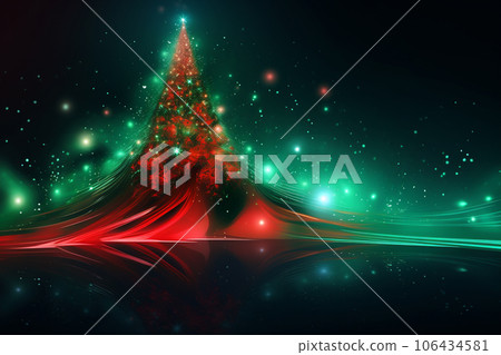 Abstract Christmas tree with neon red and green lighting. Futuristic abstract background. Holiday digital illustration for design card, poster or banner in Christmas festival. Generative AI. 106434581