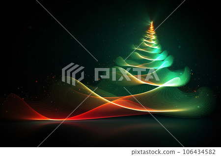 Abstract Christmas tree with neon red and green lighting. Futuristic abstract background. Holiday digital illustration for design card, poster or banner in Christmas festival. Generative AI. 106434582