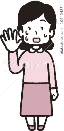 一位女士右手五個手指出汗、驚慌失措的全身插圖 106434874