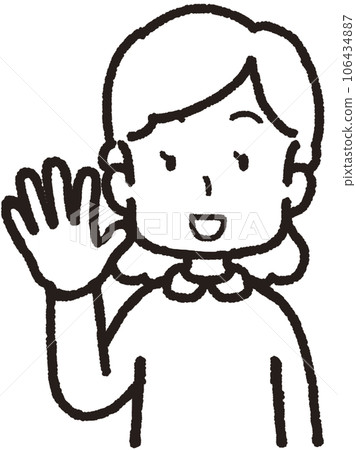 Upper body line drawing illustration of a woman smiling with five fingers on her right hand 106434887
