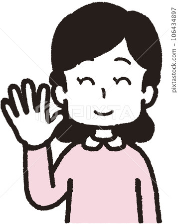 Upper body illustration of a woman smiling with five fingers on her right hand Upper body illustration of a woman smiling with five fingers on her right hand 106434897