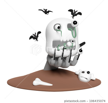 3d halloween holiday party with eye, worm, skeleton in mouth skull, zombie hand, bats isolated. 3d render illustration 3d halloween holiday party with eye, worm, skeleton in mouth skull, zombie hand, bats isolated. 3d render illustration 106435074