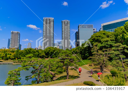 東京中央區濱離宮恩賜庭園、松樹和摩天大樓 106435917