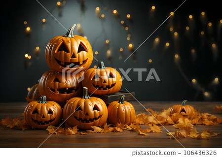 Halloween theme banner with group of Jack O Lantern pumpkin and balloons. Happy Halloween Concept. Generative Ai. Halloween theme banner with group of Jack O Lantern pumpkin and balloons. Happy Halloween Concept. Generative Ai. 106436326