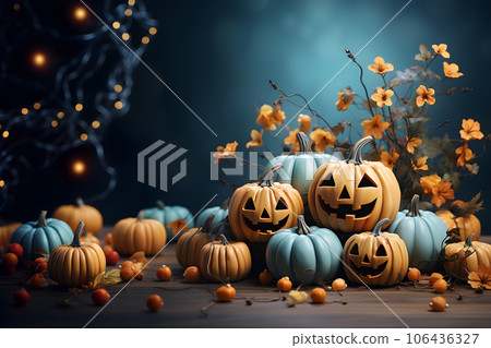 Halloween theme banner with group of Jack O Lantern pumpkin and balloons. Happy Halloween Concept. Generative Ai. Halloween theme banner with group of Jack O Lantern pumpkin and balloons. Happy Halloween Concept. Generative Ai. 106436327