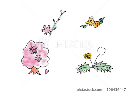 水性筆和透明水彩顏料繪製的春天花朵插圖集 106436447
