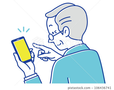 Rear view of a senior man touching his smartphone with a smile Rear view of a senior man touching his smartphone with a smile 106436741