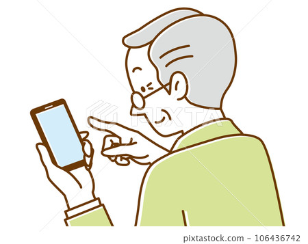 Rear view of a senior man touching his smartphone with a smile Rear view of a senior man touching his smartphone with a smile 106436742