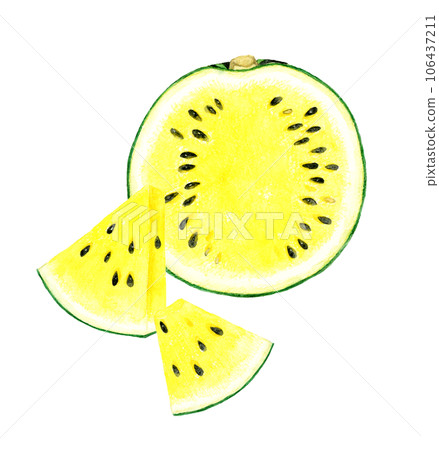 Cut yellow watermelon, hand-drawn watercolor illustration of summer fruit 106437211