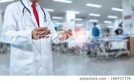Doctor holding screen to analyze medical diagnosis on modern virtual screen network connection. medical technology concept 106437376