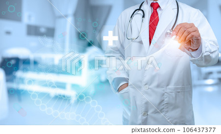 Doctor is using electronic pen touching screen for medical diagnostic analysis on modern virtual screen network connection. Medical technology concept. 106437377