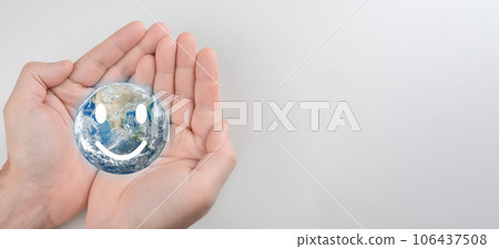 Hands holding smile earth, save planet, earth day, sustainable living, ecology environment, climate emergency action, world environment day concept. Earth globe in hands. copy space Hands holding smile earth, save planet, earth day, sustainable living, ecology environment, climate emergency action, world environment day concept. Earth globe in hands. copy space 106437508