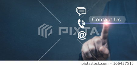 Contact us. Customer service call center contact us concept. contact us or customer support hotline. finger touch to access contact icons email, phone, live chat on virtual screen. Banner 106437513
