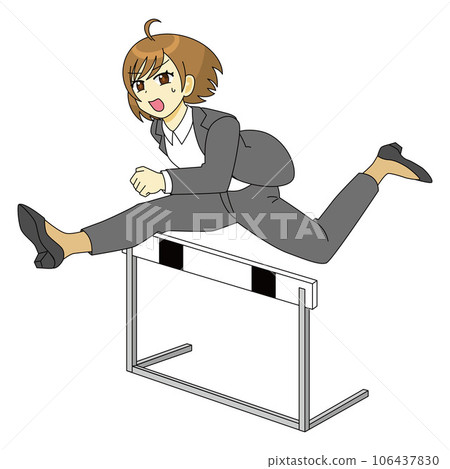 Illustration of a woman in a suit jumping over a hurdle 106437830