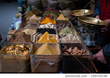 Colorful spices in spice store at Suq, Bazaar in Damascus, Syria 106438186