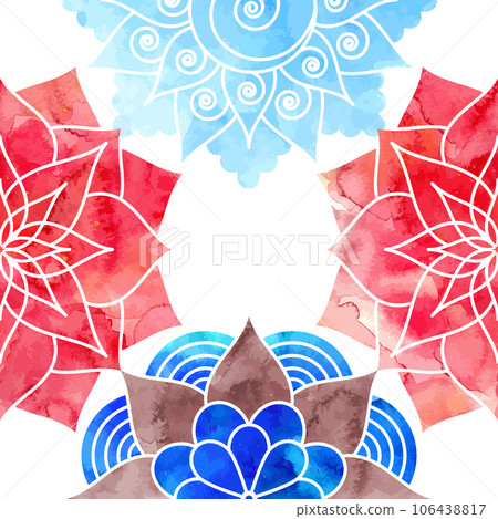 Frame for the cover decorated with blue and red watercolor mandala patterns Frame for the cover decorated with blue and red watercolor mandala patterns 106438817