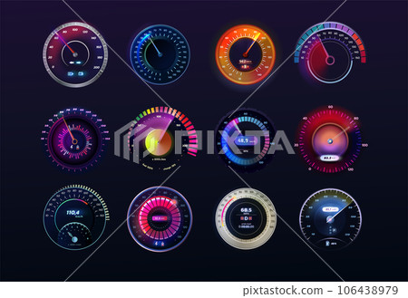 Odometer. Car speedometer. Gauge equipment panel. Speed meter. Motorcycle or motorbike rpm. Auto counter. Automobile drive. Kilometers measuring. Vehicle tachometers set. Vector exact progress bar 106438979