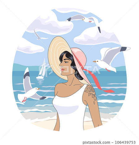 Beautiful Woman in Hat Walking on the Beach 106439753