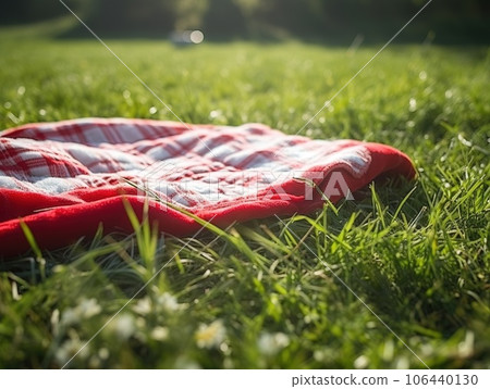 Red and white plaid picnic blanket on top of a green field in sunny day on grass of lawn in summer park. Blurred Background 106440130