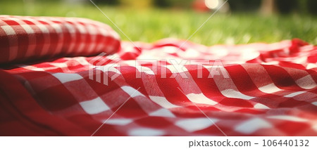 Red and white plaid picnic blanket on top of a green field in sunny day on grass of lawn in summer park. Blurred Background 106440132