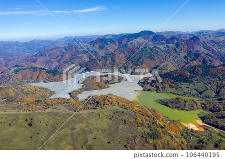 Aerial view of a huge pond, heavy metal copper contamination discharging in lake Aerial view of a huge pond, heavy metal copper contamination discharging in lake 106440195