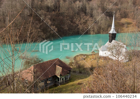 Church flooded and submerged by toxic waste waters from a copper and gold mine. Geamana, Rosia Montana, Romania 106440234