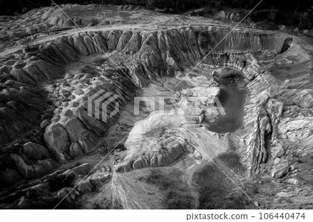 Monochrome aerial view of abandoned mine Monochrome aerial view of abandoned mine 106440474