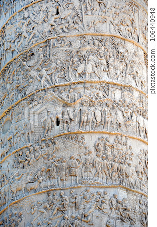 Detail of the Column of Traianus, Trajan's column. Rome, Italy Detail of the Column of Traianus, Trajan's column. Rome, Italy 106440948