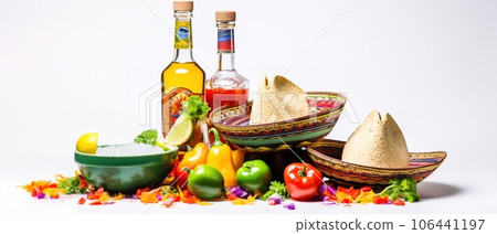 Celebrate Cinco de Mayo with this fun and festive top vertical view of a sombrero, poncho, and maracas, plus tequila shots, lime wedges, chili peppers on a white background with copyspace 106441197