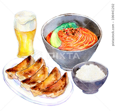 Tantan noodles and gyoza set, watercolor illustration, town Chinese food 106441202