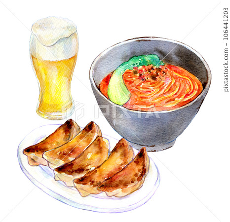 Tantan noodles and gyoza set, watercolor illustration, town Chinese food 106441203