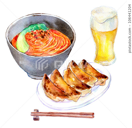 Tantan noodles and gyoza set, watercolor illustration, town Chinese food Tantan noodles and gyoza set, watercolor illustration, town Chinese food 106441204