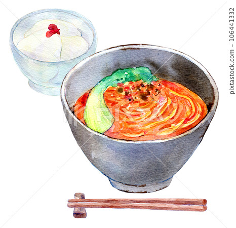 Set of tantanmen and apricot kernel tofu, watercolor illustration Machi Chuka 106441332