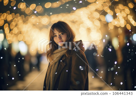 一位年輕的日本女性沿著閃閃發光的聖誕燈飾行道樹行走“人工智能生成的圖像” 106441343