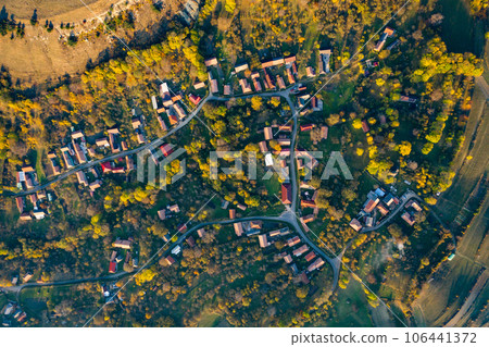 High angle aerial view of a small village at autumn 106441372