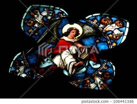 Stained glass window detail with Biblical scene Stained glass window detail with Biblical scene 106441386