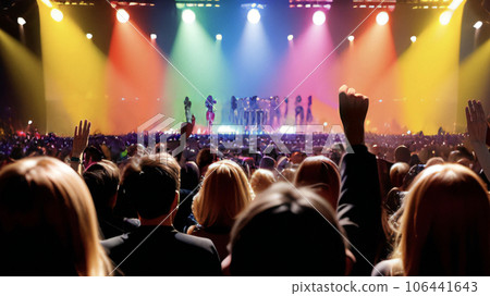 Rear view of the audience raising their hands at a live venue with colorful lighting_Wide 106441643