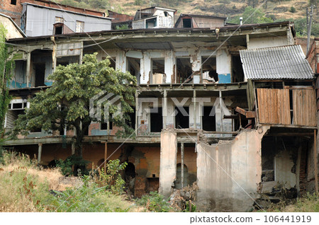 Building hit by a bomb during the Nagorno Karabakh war Building hit by a bomb during the Nagorno Karabakh war 106441919