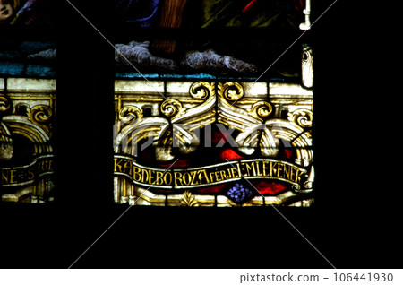 Stained glass window detail with Biblical scene Stained glass window detail with Biblical scene 106441930