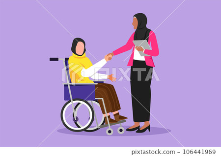 Character flat drawing disability employment responsibility, work for disabled people. Disable Arabian woman sit in wheelchair shaking hand with colleague in office. Cartoon design vector illustration Character flat drawing disability employment responsibility, work for disabled people. Disable Arabian woman sit in wheelchair shaking hand with colleague in office. Cartoon design vector illustration 106441969