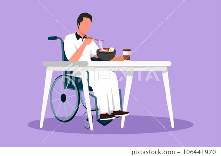 Character flat drawing of young Arabian male wheelchair user eating ramen or noodles food sitting at table. Having lunch, snack in cafe. Society and disabled people. Cartoon design vector illustration 106441970