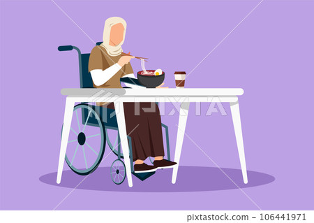 Character flat drawing pretty Arabian female wheelchair user eating ramen or noodles food sitting at table. Having lunch, snack in cafe. Society and disabled people. Cartoon design vector illustration 106441971