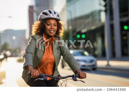 A middle aged beautiful African American woman riding a bicycle on a road in a city street. A middle aged beautiful African American woman riding a bicycle on a road in a city street. 106441990