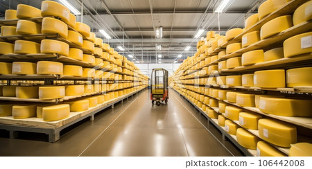 Rows of cheese pieces on wooden shelves in store or at large milk factory. 106442008