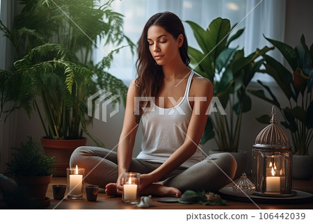 A young beautiful caucasian woman is meditating in a home interior with many house plants. 106442039