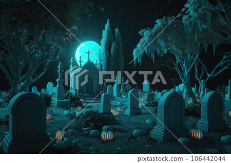 Starry night at the old cemetery on Halloween Day. Skulls and carved glowing pumpkins on the graves 106442044