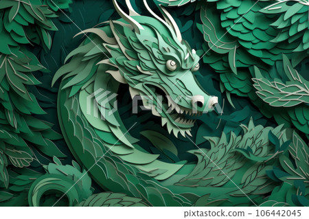 Layered style paper cut illustration of a green dragon. Symbol of the year 2024 106442045