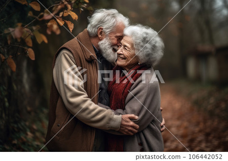 Happy elderly couple hugging in the park in autumn. A gray-haired man and a woman in warm casual clothes smile at each other outdoors. Generated by AI. 106442052